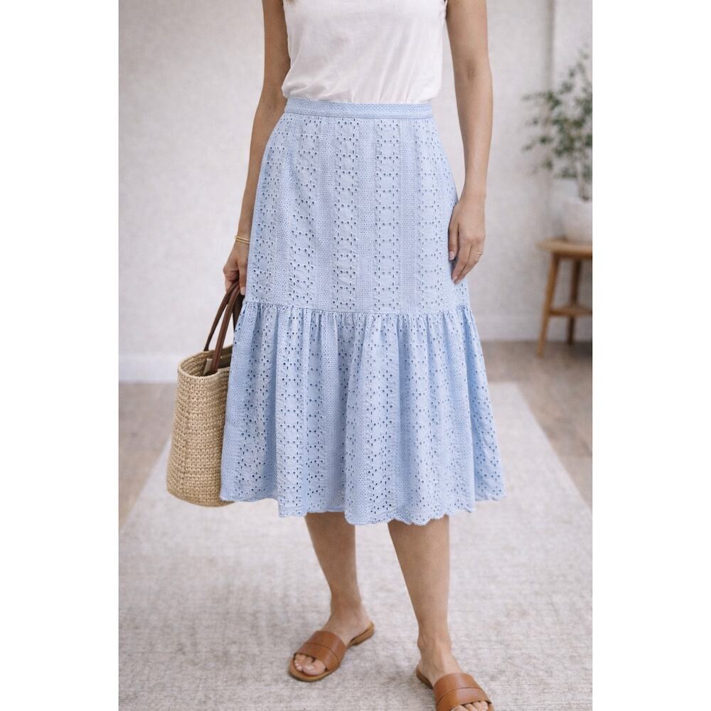 J.CREW Eyelet Skirt Blue Cotton Midi Skirt Ruffle Hem Cottagecore | 12 Tall